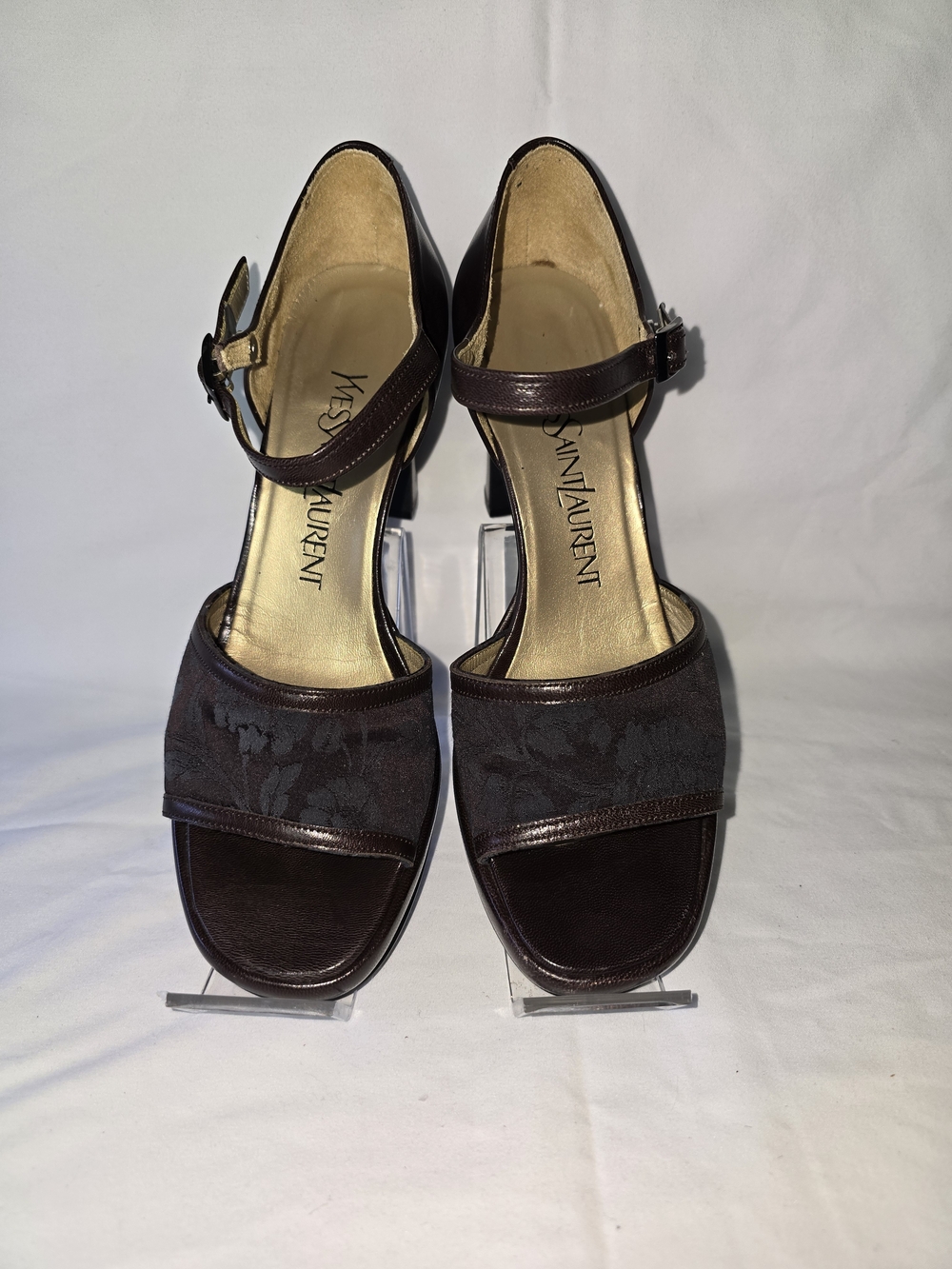 Saint Laurent Brown Leather & Jacquard Mary Jane Block Heels Size 35 - Picture 4 of 12